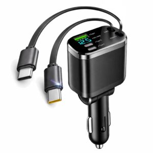 Mizi [2025 Upgraded] Retractable Car Charger 5 in 1, 69W Fast Charging with 2X Retractable Cords [Type-C], 2X Type-C & 1X Type-A Port for iPhone 16/15/14/13/12, Samsung, and More – Black
