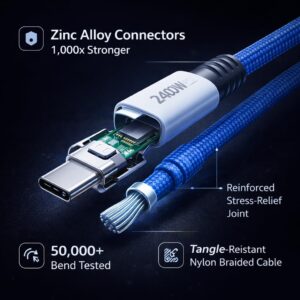 Mizi 240W Magnetic USB C Cable [1M Auto-Coiled], Fast Charging Type-C Charger Cord for iPhone 16/15/14 Pro Max, MacBook, iPad, Samsung Galaxy S24/S23, Pixel & More – Blue