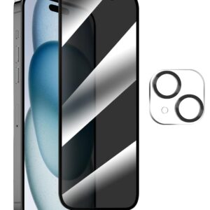 Mizi Privacy Screen Protector for iPhone 15 Plus [6.7 Inch] with Camera Lens Protector, Tempered Glass Film, HD Clear, 9H Hardness, No Bubbles, Case Friendly - Clear
