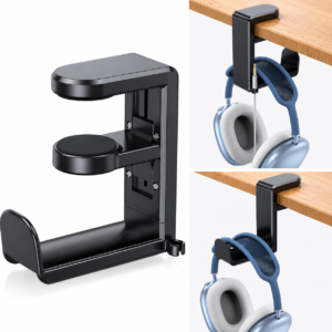 MIZI Under Desk Headphone Stand with 360° Rotating Hook & Cable Organizer - Black